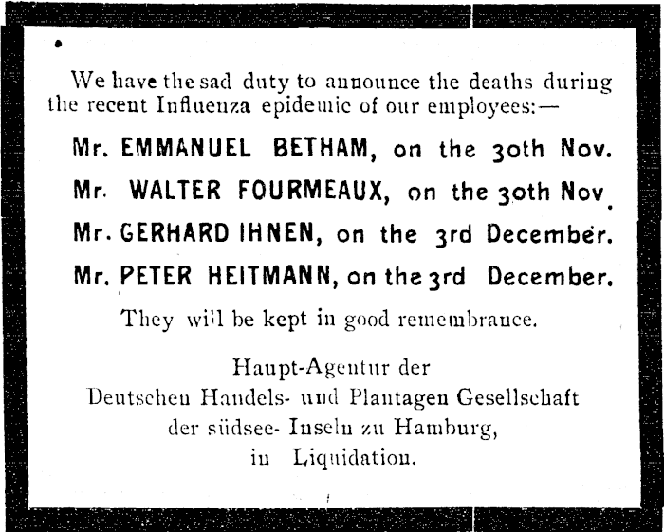 Notice, about the death of employees during during the Influenza epidemic in Samoa.