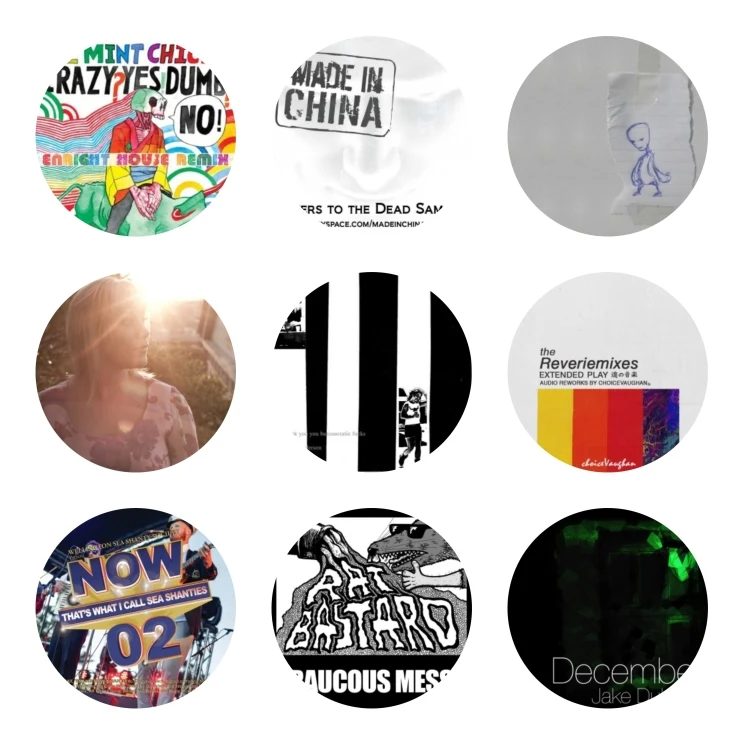 A grid of nine album covers are depicted as circles on a white background.