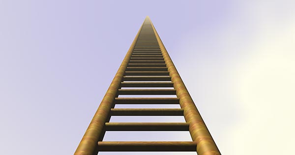 A very tall ladder going up towards the sky.