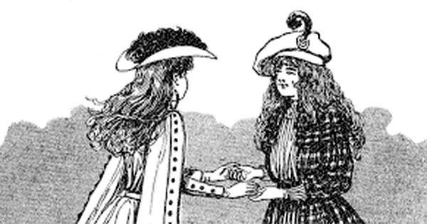 Two women wearing fabulous hats and with long hair greeting each other and holding each other's hands. 