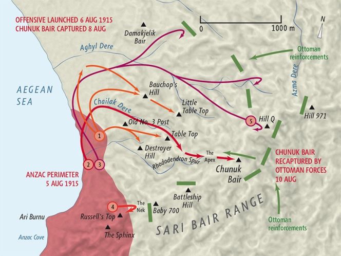 Sari Bair offensive, August 1915 map by Geographx with research assistance from Damien Fenton and Caroline Lord.