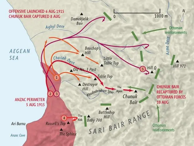 Sari Bair offensive, August 1915 map by Geographx with research assistance from Damien Fenton and Caroline Lord.