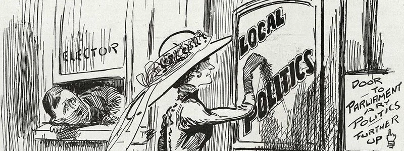 Cartoon showing a woman politician knocking at the door of local politics.
