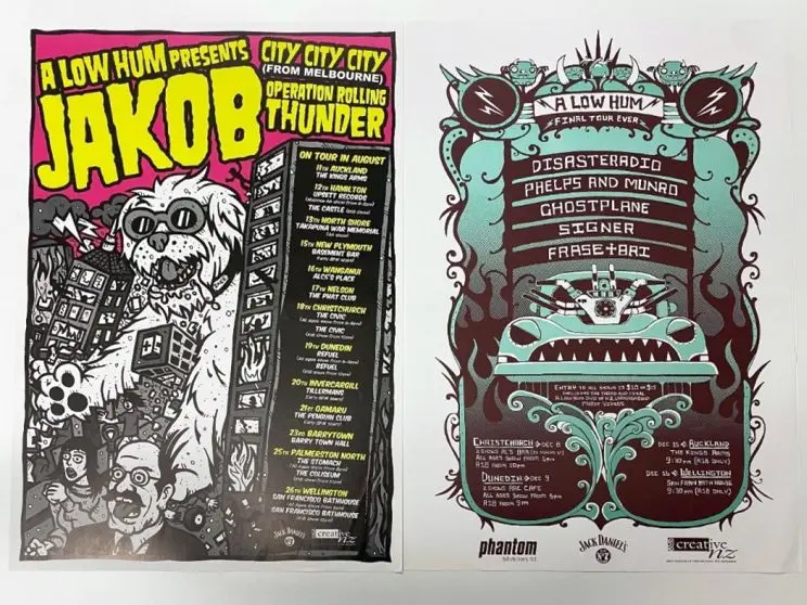 Two side-by-side gig posters featuring a giant godzilla-sized dog wreaking havoc and a design based on a modified hotrod with a mouth and teeth. 