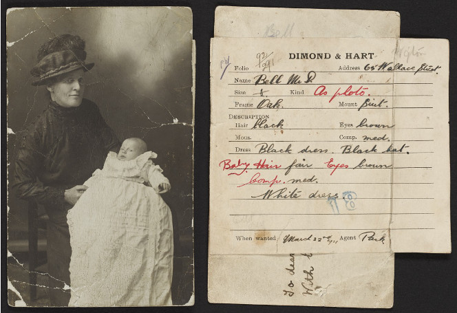 Silver gelatin print with instructions for hand-colouring adhered to the back of the photograph. Shows a woman holding a baby.