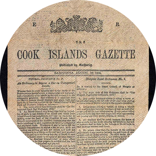 Front page of a two-column newspaper with the masthead The Cook Islands Gazette.