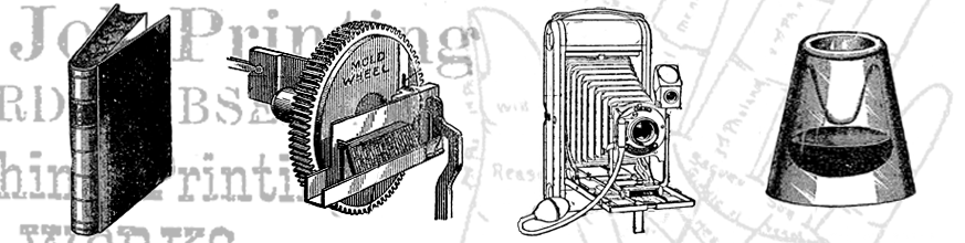 Drawings of a book, mold wheel, old-fashioned camera and something mysterious, that looks like a volcano. 