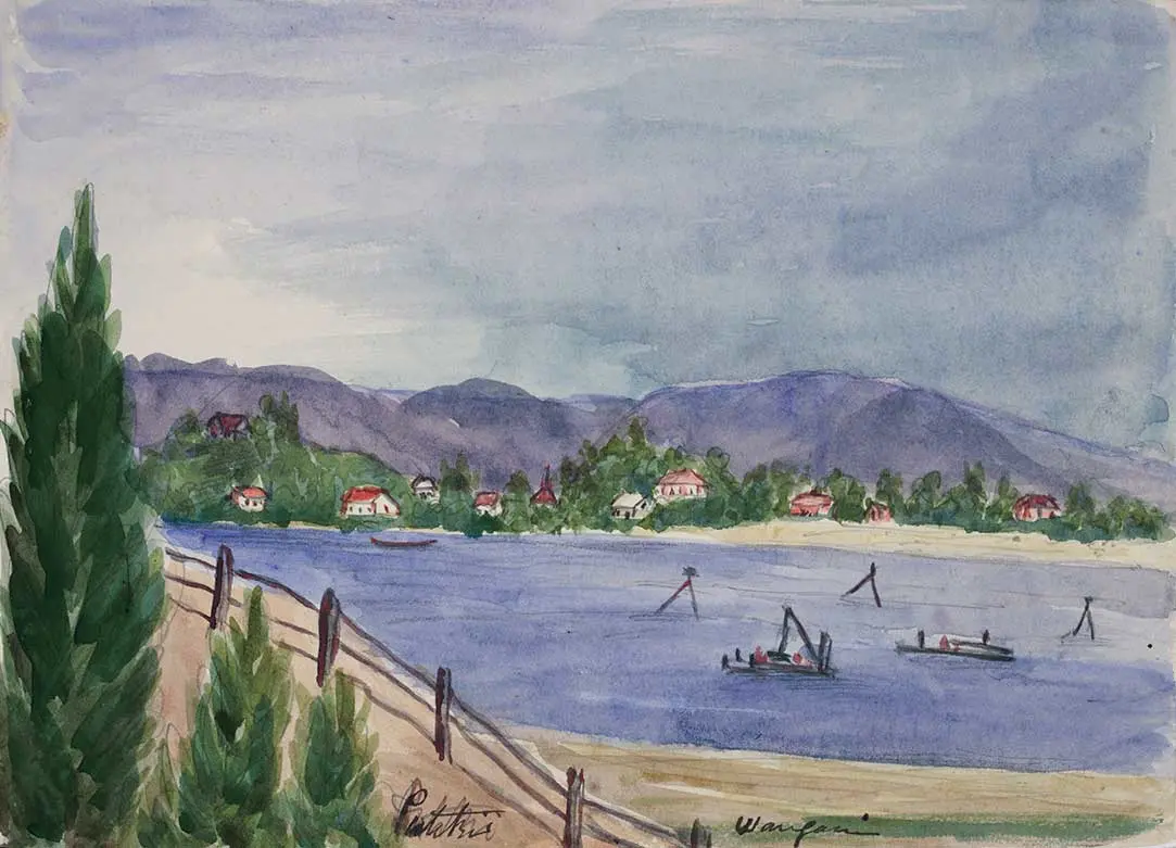 Painting showing houses and a church in Putiki on the south bank of the Whanganui River.
