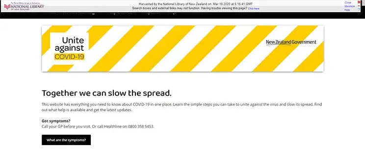 Screenshot of top of NZ government COVID-19 website. Shows heading "Together we can slow the spread".