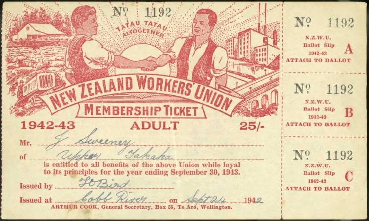 Illustration on ticket shows two workers shaking hands, and the motto "Tatau tatau altogether". In the left background is a rural scene on a sheep station and in the right background is a cityscape. Down the right hand edge are three detachable ballot slips, A B and C, to be attached to ballots. The verso lists all the industries covered by the New Zealand Workers' Union.