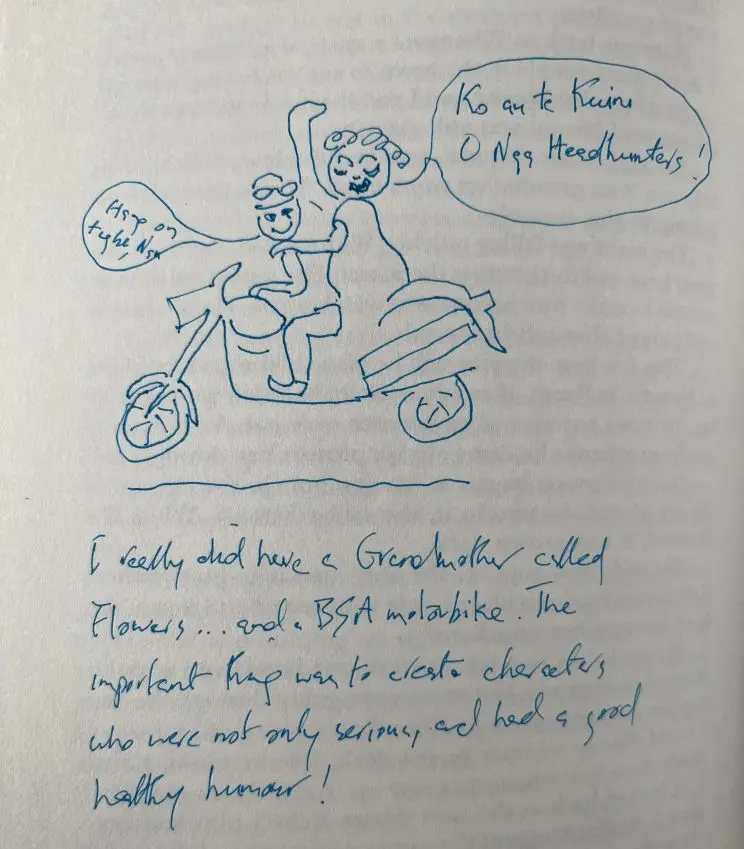 A hand-drawn picture of a woman and child riding a scooter each with a speech bubble and paragraph of text below. 