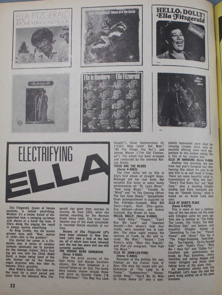 Feature about Ella Fitzgerald that shows six album covers from her most recent work.