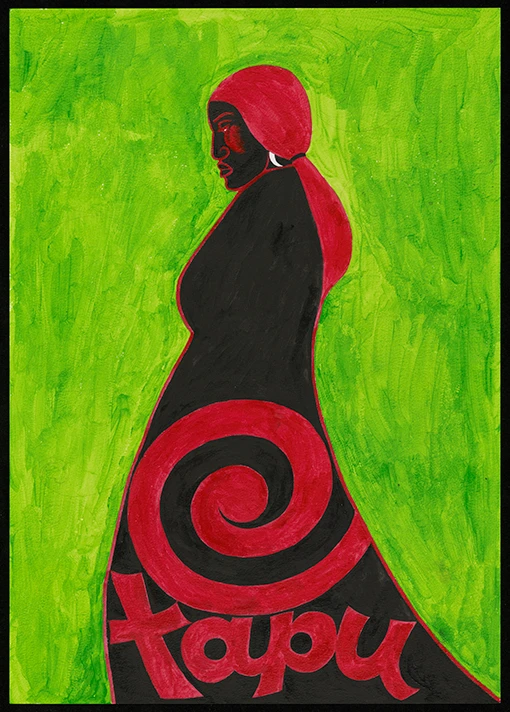 Painting with green background and woman in profile with the word ‘tapu’ and a spiral in red on her black dress. 