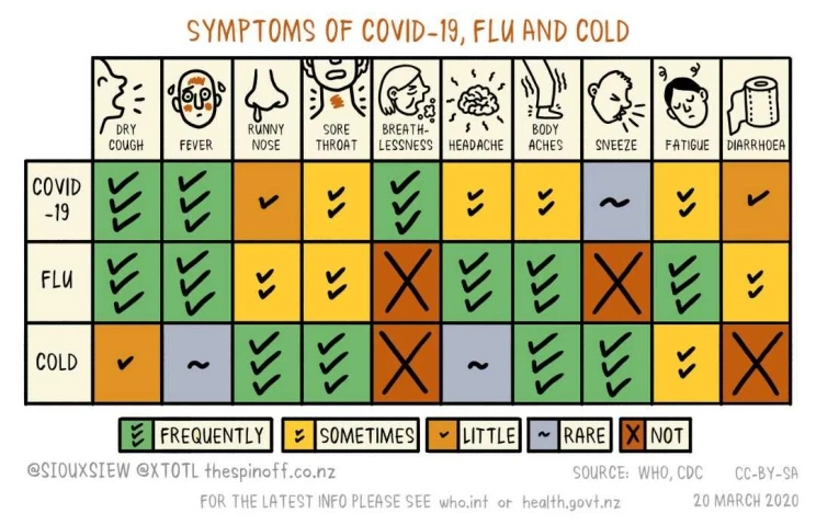Illustration by Toby Morris and Siouxsie Wiles on virus transmission and infection during the COVID-19 pandemic in Aotearoa New Zealand. Illustration identifies the similarities and differences between the “symptoms of COVID-19, flu and cold” and their expected frequency once a person is infected.