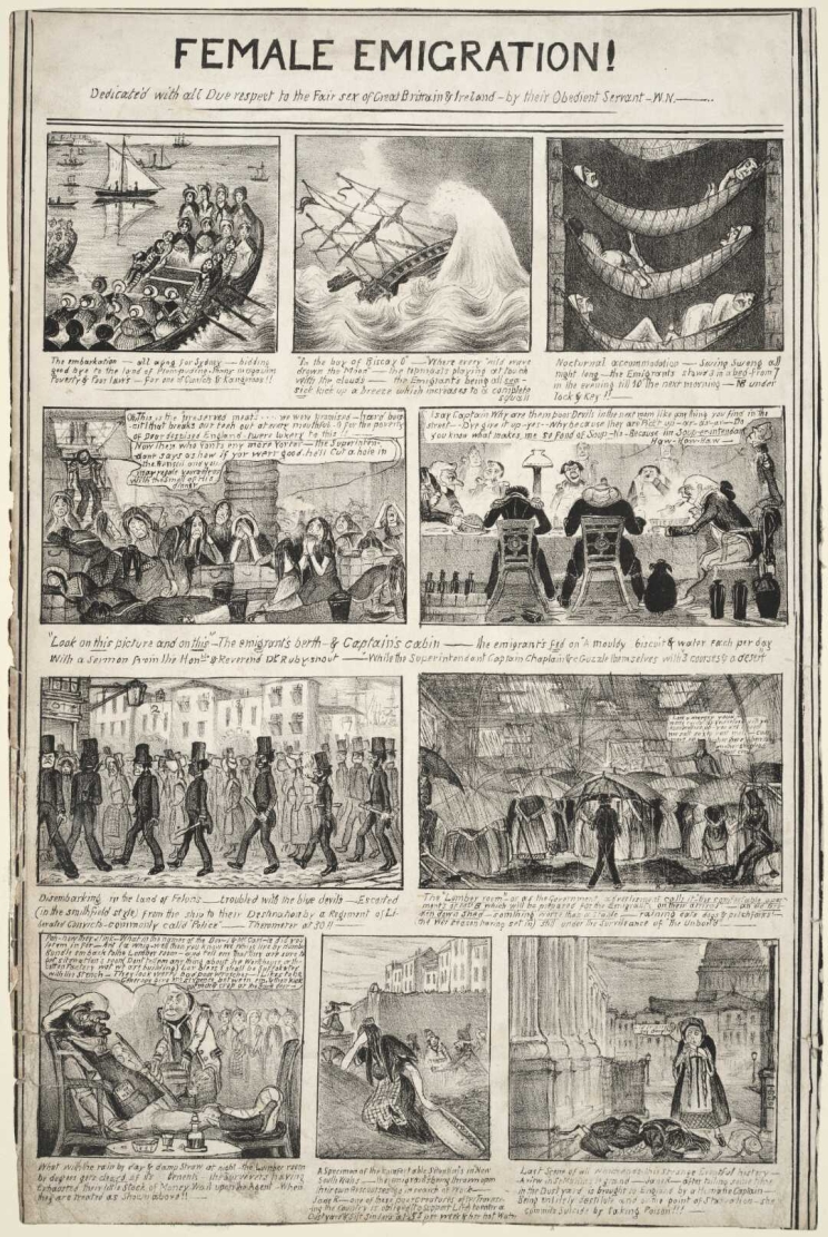 A comic strip of 10 cartoons, showing the alarming experiences of women migrants from Great Britain and Ireland to Sydney