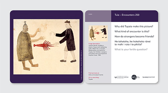 Front and back of curiosity card about Māori bartering with Joseph Banks.