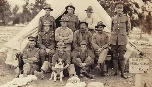 New Zealand WW1 soldiers and a dog in front of a tent.