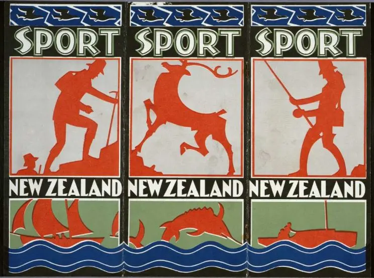 Three-panel illustration showing the variety of outdoors hunting and fishing that can be done in New Zealand.