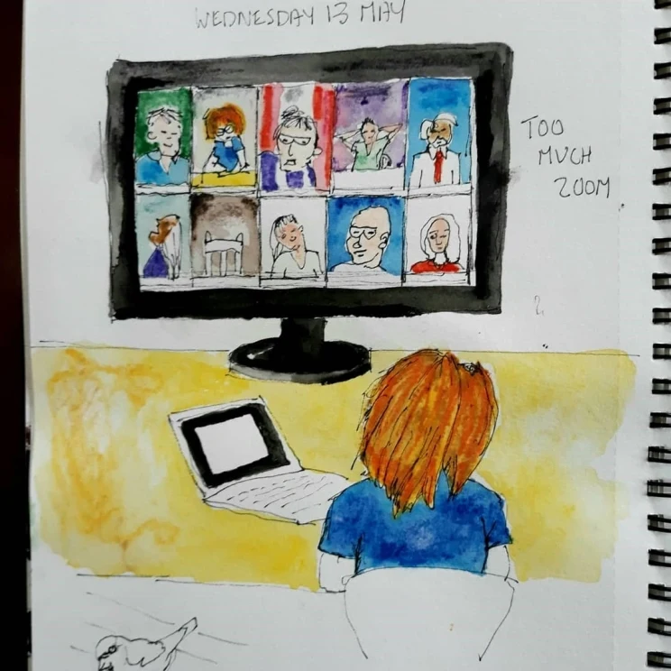 Watercolour painting depicting a woman on her computer with a monitor showing a Zoom call with ten different people on screen.
