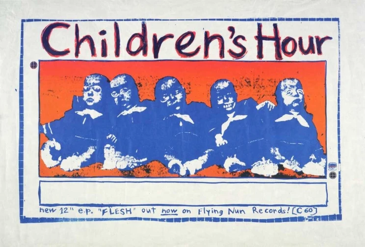 A poster with a row of five children looking creepy and ghoulish.