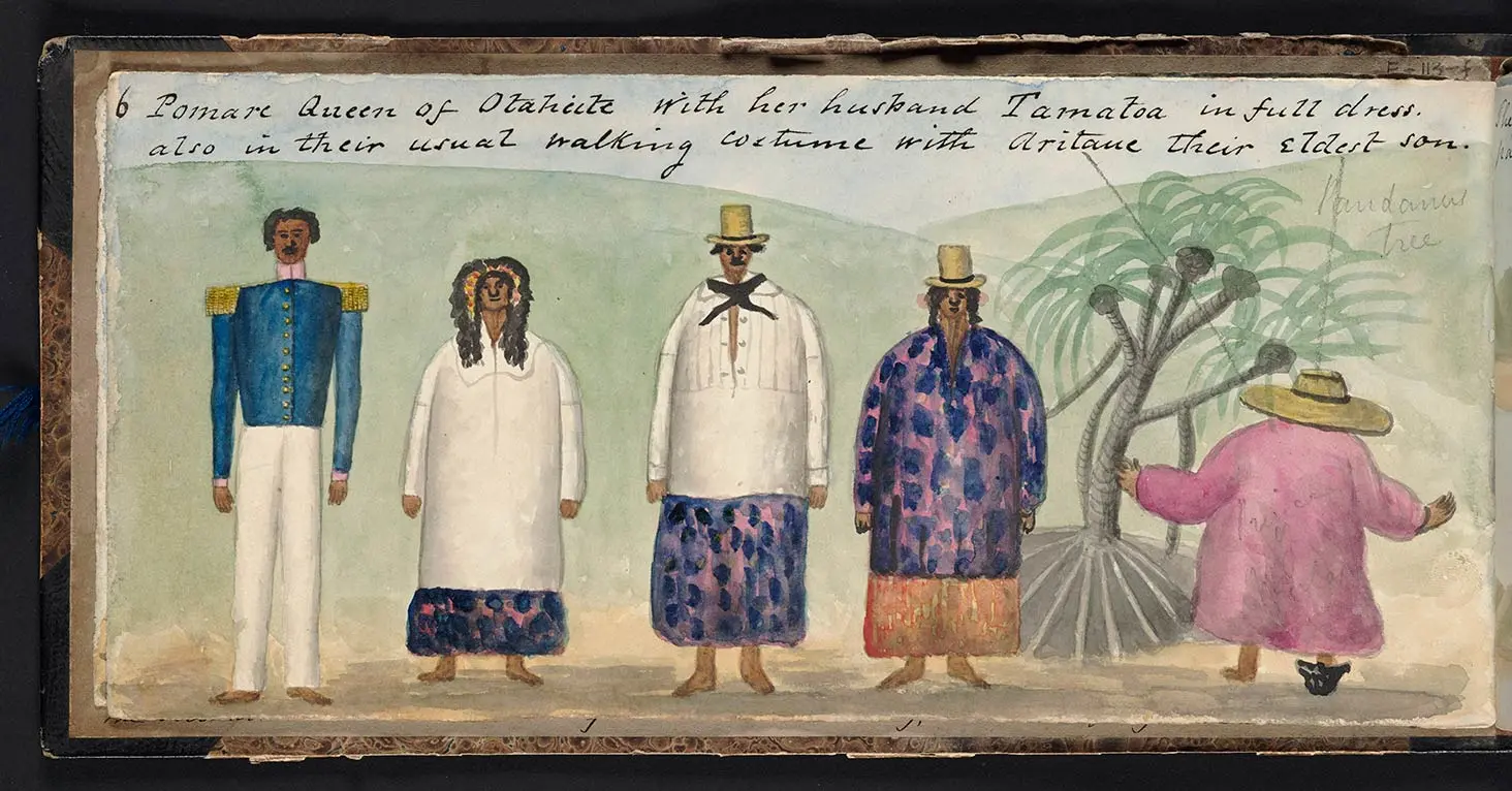 Colour artwork showing Tamatoa and Queen Pōmare IV in formal clothing. They appear again but in casual clothing. On the far right is their son looking at a pandanus tree with his back to the viewer. Handwritten words are at the top of the artwork — see caption.