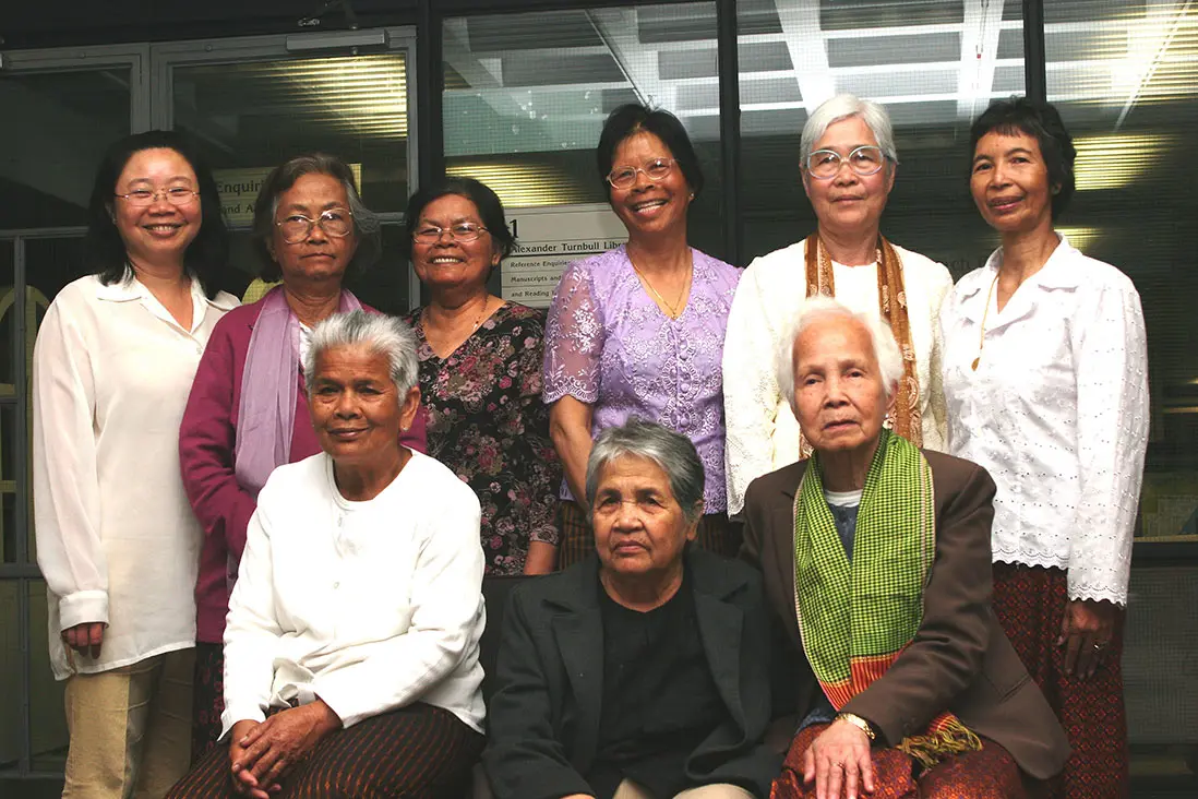 Colour photo from 2009 — showing a group of women (9 Khmer and one Khmer-Chinese) who participated in the Cambodian oral history project.