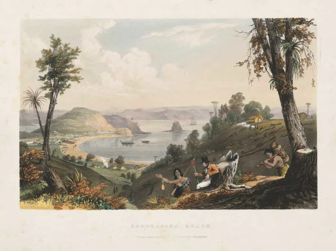 Lithograph of Kororadika Beach, Bay of Islands, London.