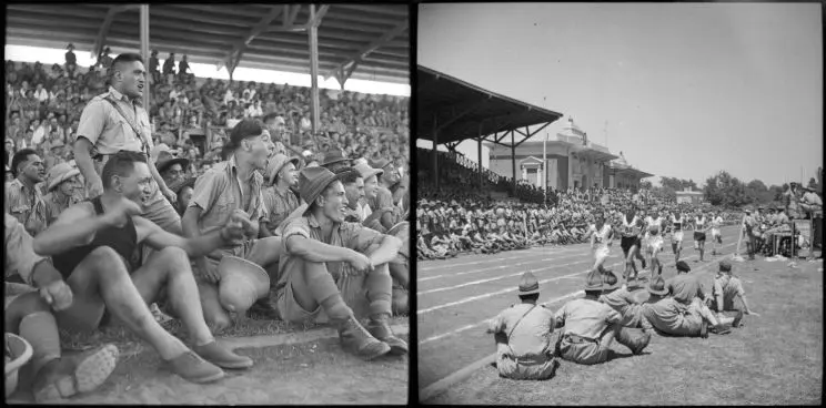 Two side by side, black and white photos of soldiers competing and being cheered on by their comrades.