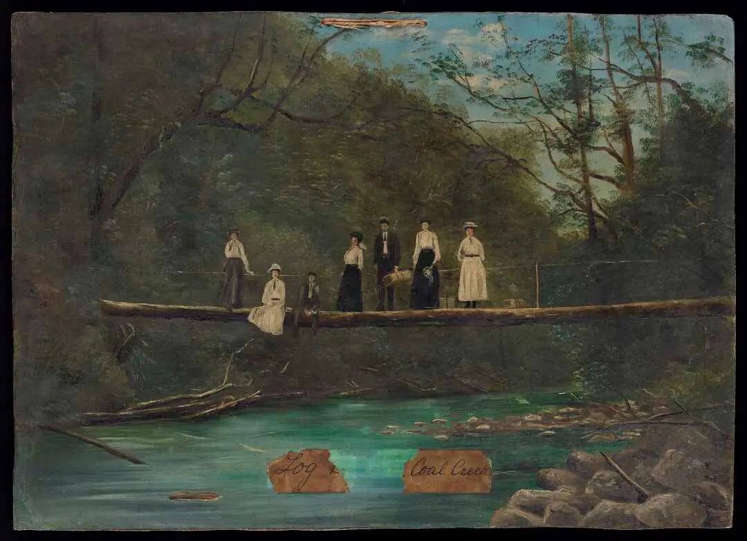 Painting with blue and green tones of 7 people standing and sitting on a narrow bridge. They are carrying parcels. 
