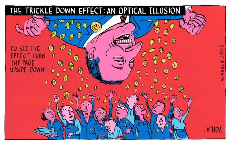 Digital cartoon depicting a smiling Prime Minister John Key, upside down, with a bunch of coins falling from his pockets down to a crowd of workers below. 