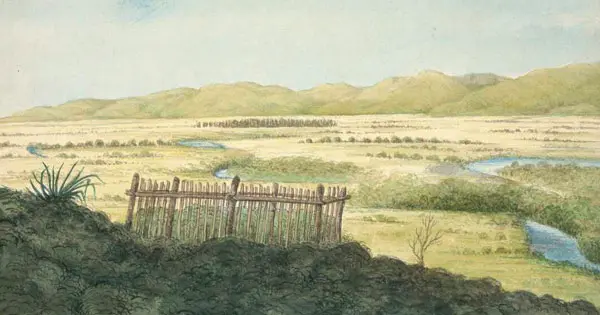 Watercolour of view looking west over the Wairau Plain with the Tuamarina Stream winding across it. In the foreground is a fenced grave