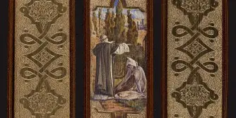 Fore-edge paintings with gilded and gauffered edges showing scenes from a book.