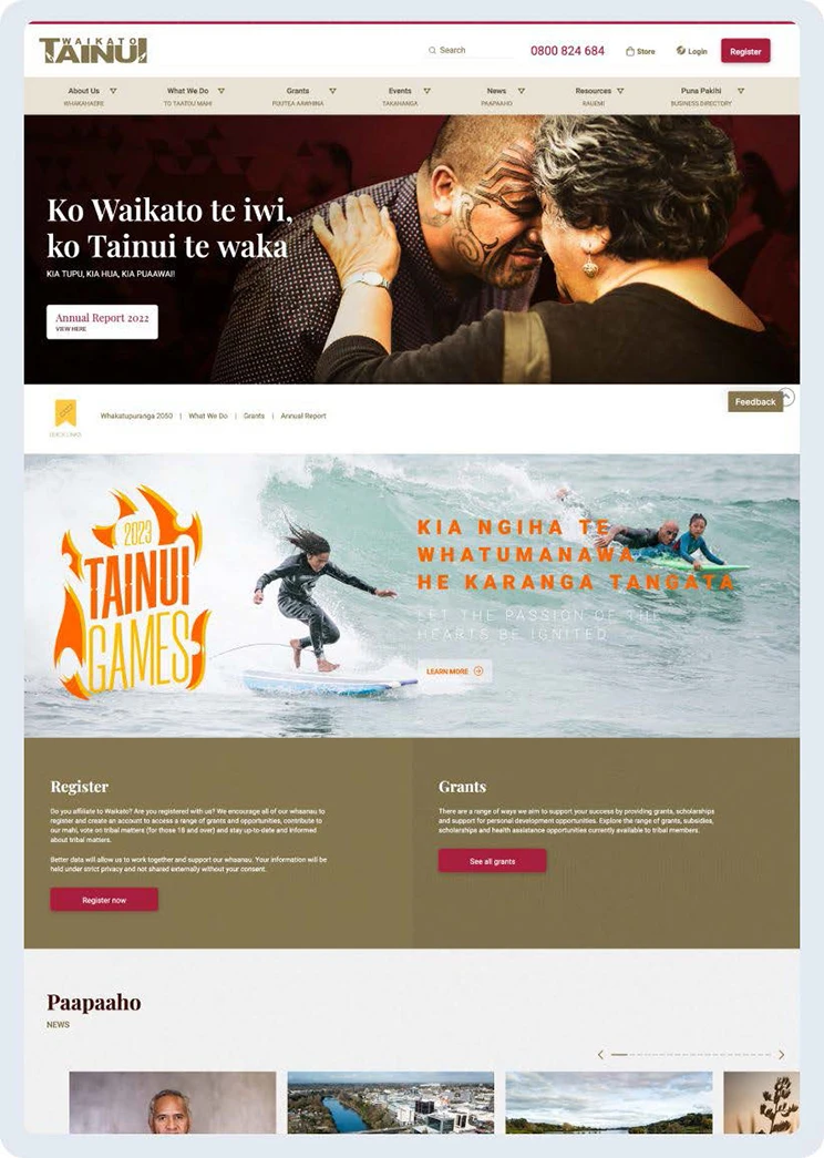 Web page showing a Māori man and woman greeting with a hongi, te reo Māoir used. 
