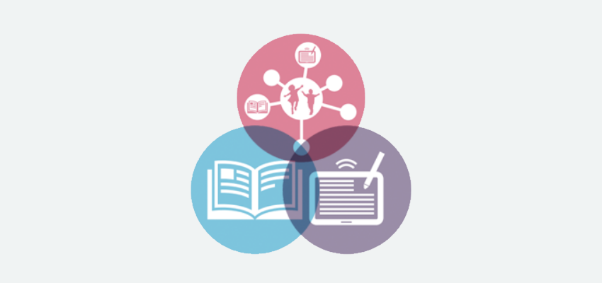 3 overlapping icons representing reading engagement, school libraries, and digital literacy.