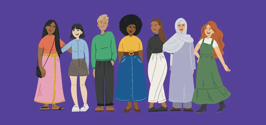 Illustration showing women from different cultural backgrounds. They are standing together and smiling.