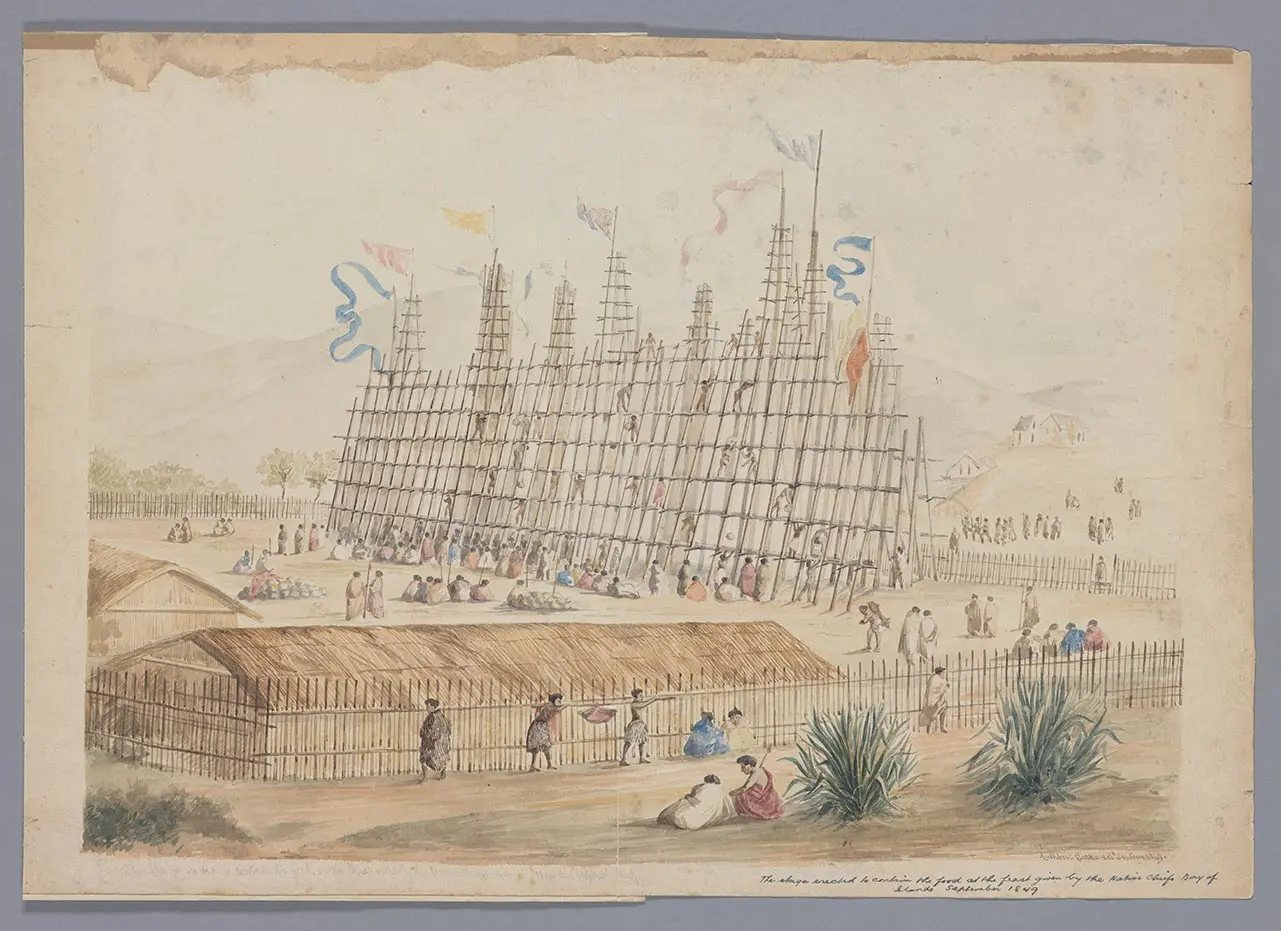 Colour painting of Māori people gathered at a hākari stage. The stage is made of wood and people are climbing up to store food. Flags are flying at the top.