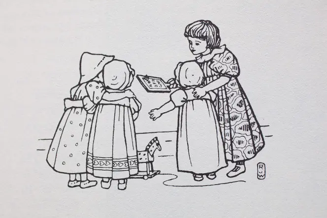 Lineart of children with a hornbook.