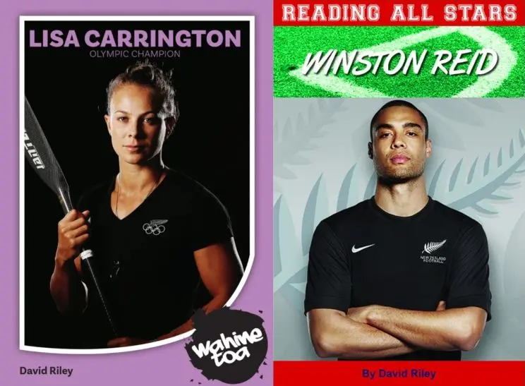 Two side-by-side book covers show a female athlete and a male athlete, standing in strong, powerful poses.