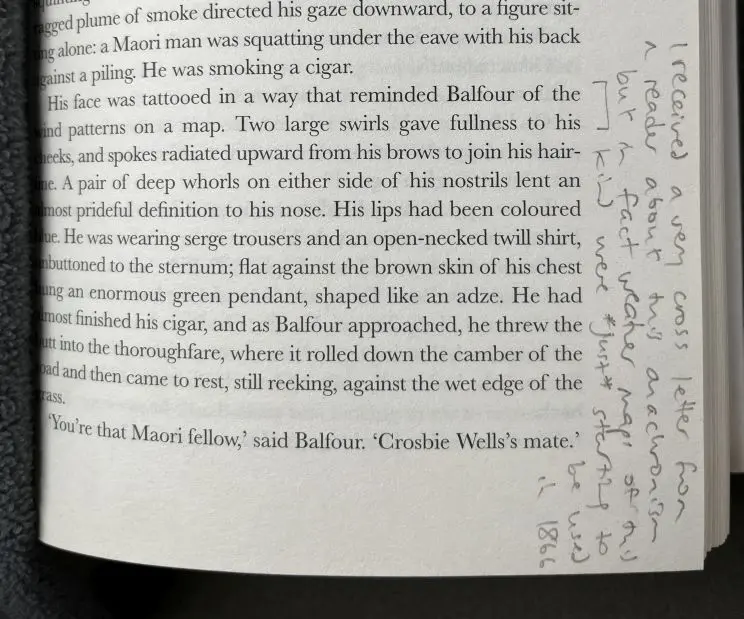 An annotation in the margin includes a handwritten note in pencil and an indication of which passage of text is being referred to.