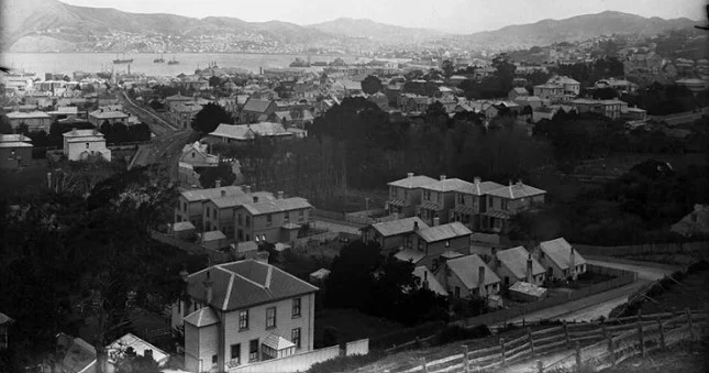 Aerial view of 19th century houses with the harbour behind.