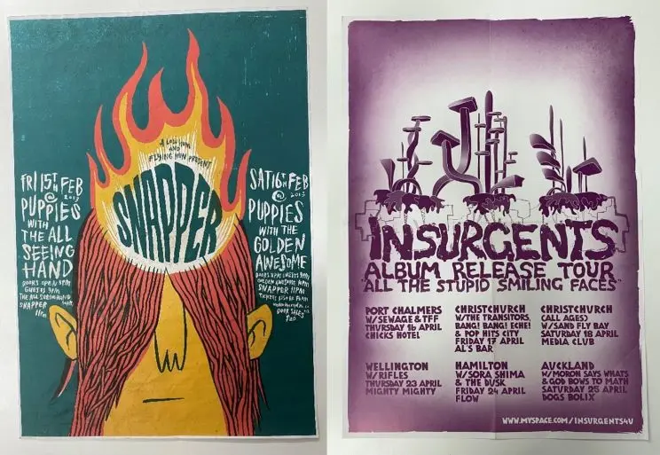 Side-by-side gig posters showing a long-haired bogan with a crown of fire and another using abstract shapes that appear almost like mushrooms growing from soil that is floating in space.