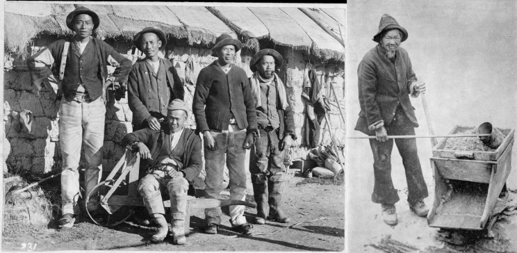 Image on left: a group of gold miners standing and seated posing for the camera. Image on right: a miner standing with his tools of the trade, a box filled with dirt and a scoop.