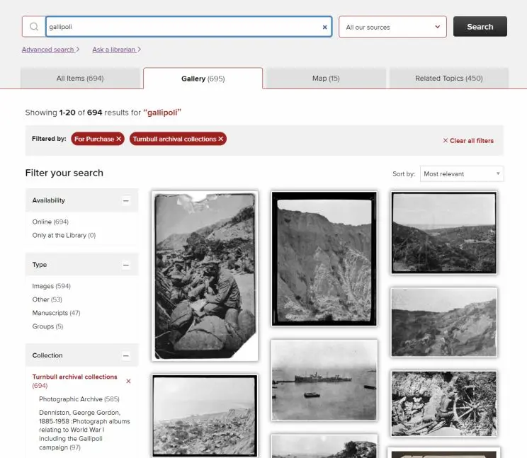 A screenshot showing the Library's search results in 'Gallery' view with thumbnail images depicting the results from a search on 'Gallipoli' and then applying filters to narrow results.