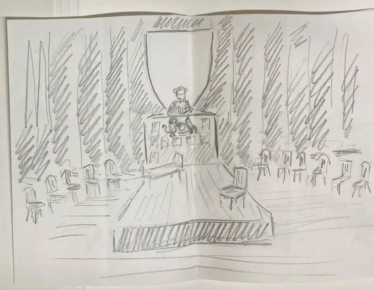 A pencil drawing of a stage surrounded by a circle of chairs with a lectern and person at the back of the stage.