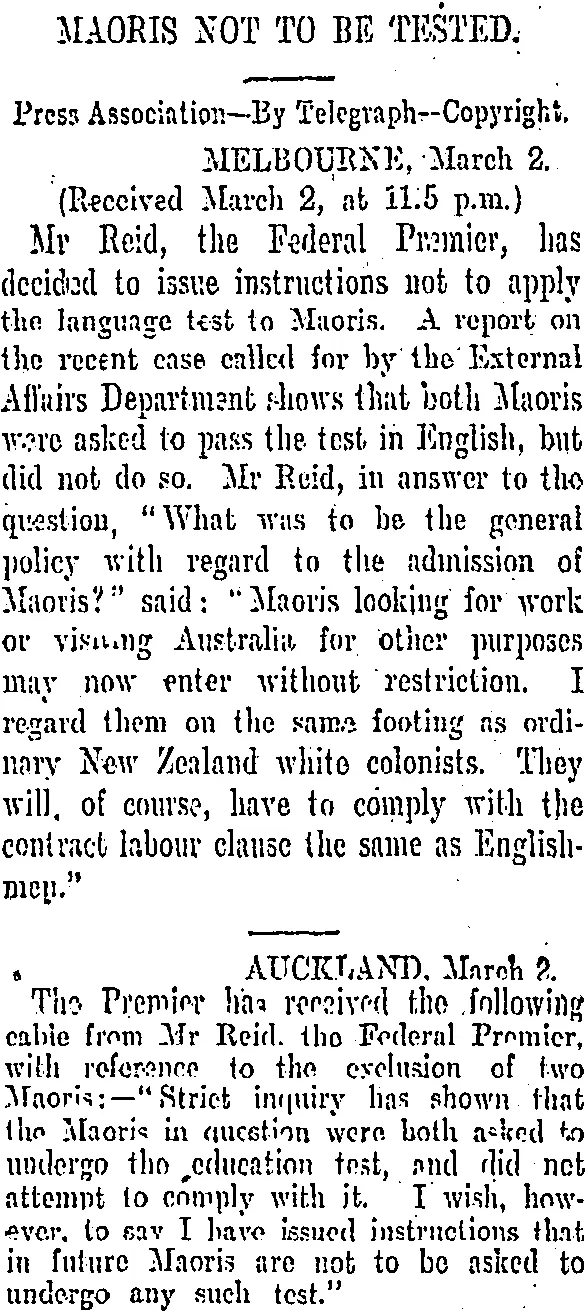 Newspaper article titled 'A White Australia - Maoris not to be tested', about the Australian Federal Government deciding not to apply their language test to Maori migrants.