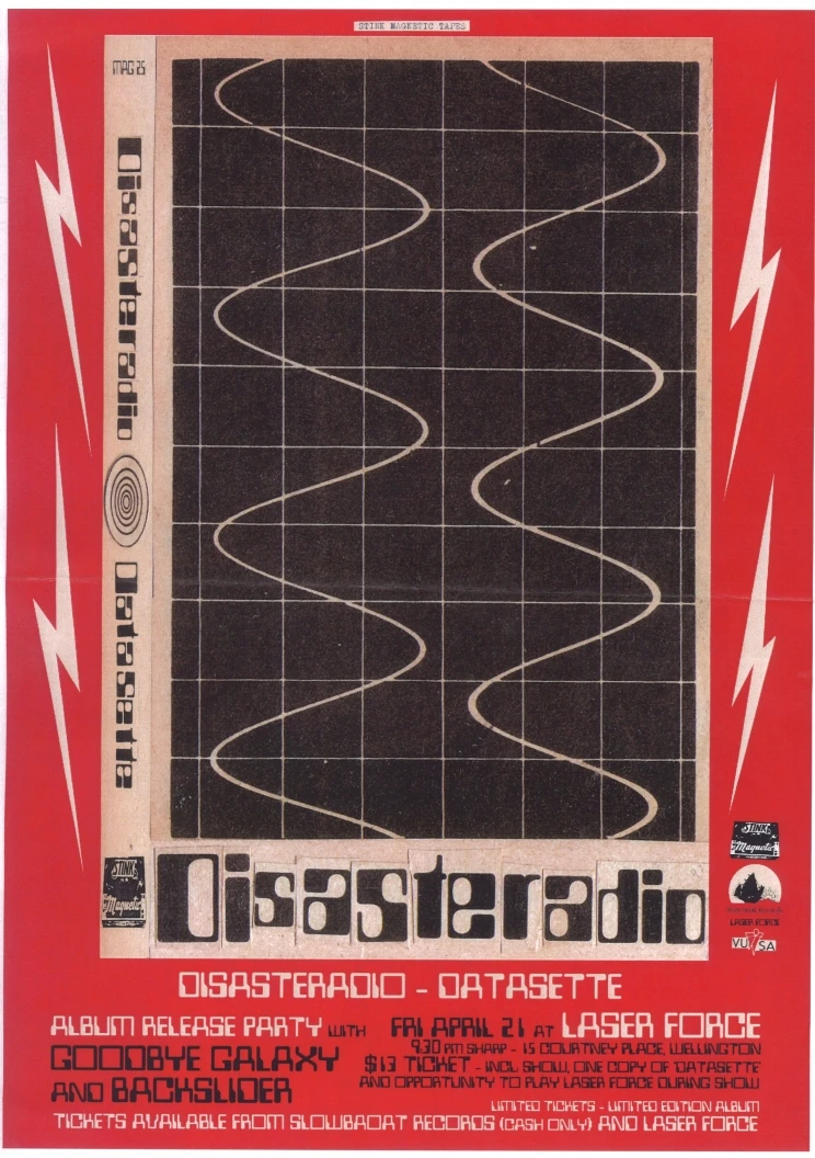 A gig poster with red and black backgrounds showing two vertical sine waves and lightning bolts.