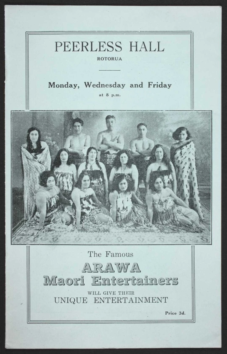 A poster based around an group portrait of the 13 Māori entertainers wearing traditional clothing.