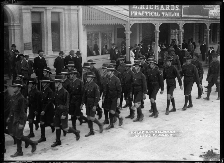 School cadets marching in rows for Anzac Day in Nelson.