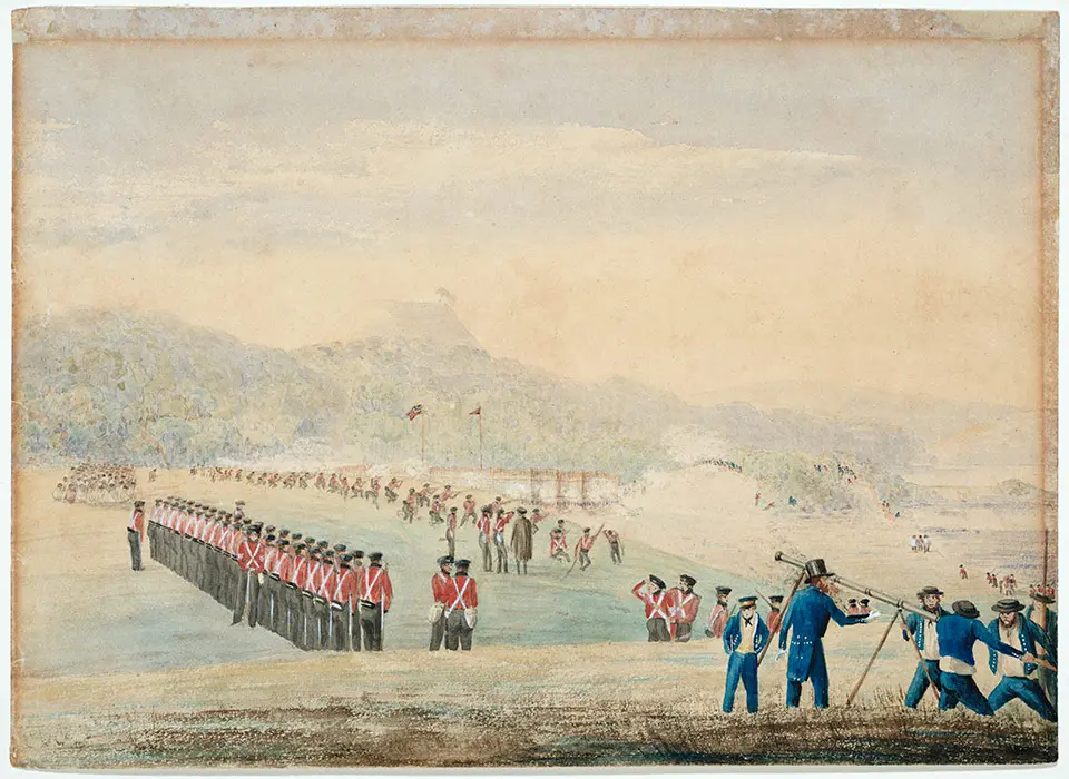 Colour artwork of the battle of Puketutu, part of The New Zealand Wars | Ngā Pakanga mō Aotearoa. The artwork shows Royal Marines in the foreground firing a Congreve rocket at the pā.