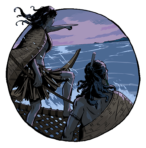 Colour illustration of Kupe and Kuramārōtini on a waka pointing towards the coast.